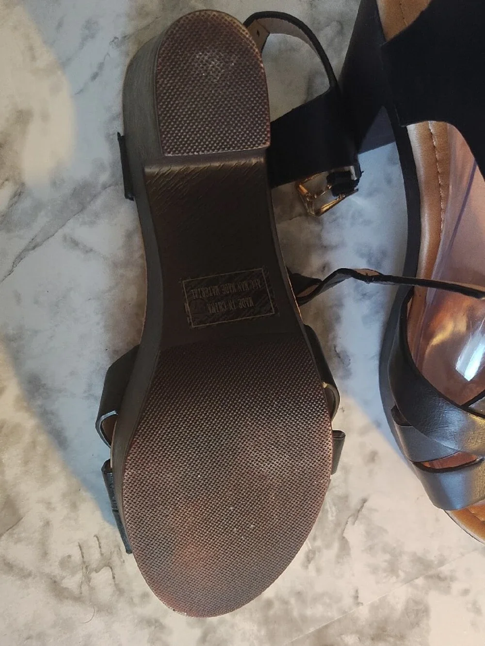 Black T-Strap Platform Sandals with Gold Buckle